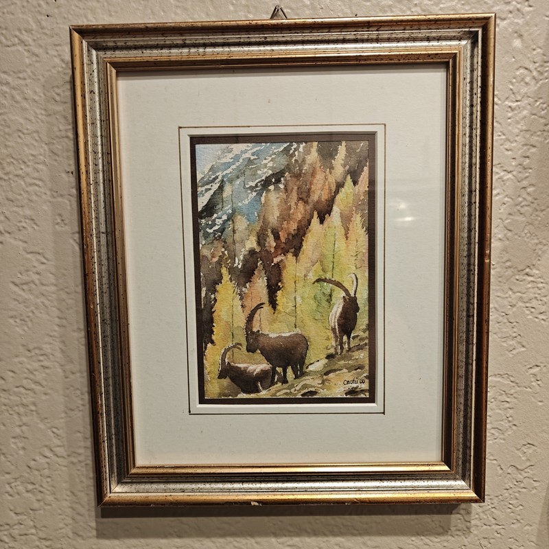 Original Watercolor Painting Alpine Ibex Mountain Goats Framed Signed Onotri 00