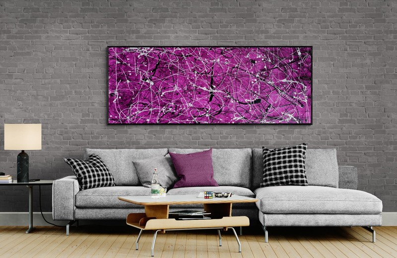 Panoramic Jackson Pollock Style Raspberry & Silver Canvas – 78×29 in gallery