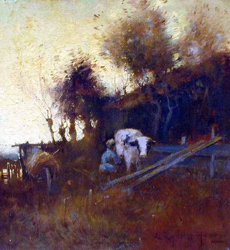 British Painting EDWIN HARRIS Woman Milking a Cow 12" x 18" gallery