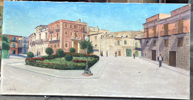 E. Waller Oil Painting City Square Southern Daily Life With People