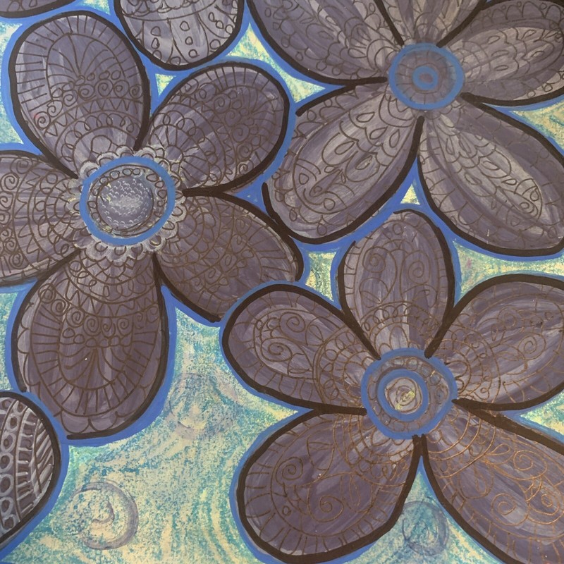 Big Blue Flowers Ooak Mixed Media With Mandala Patterns Moody Virgo Original