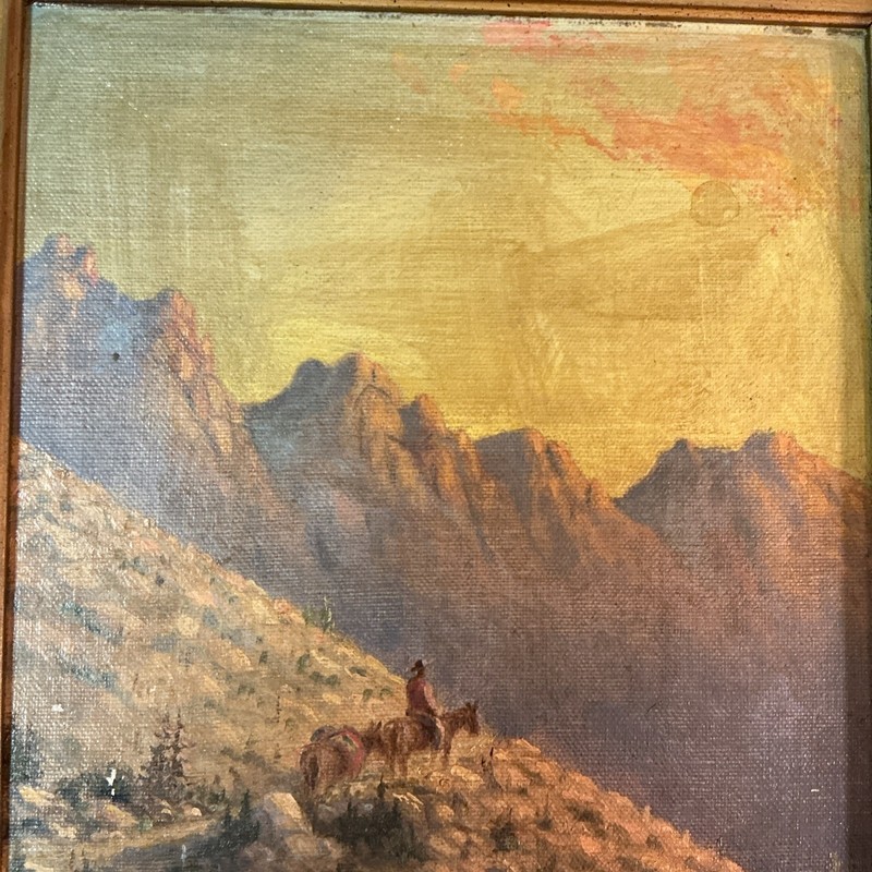 Antique Cowboy Western Mountain Scene Original Oil On Canvas Board Painting gallery