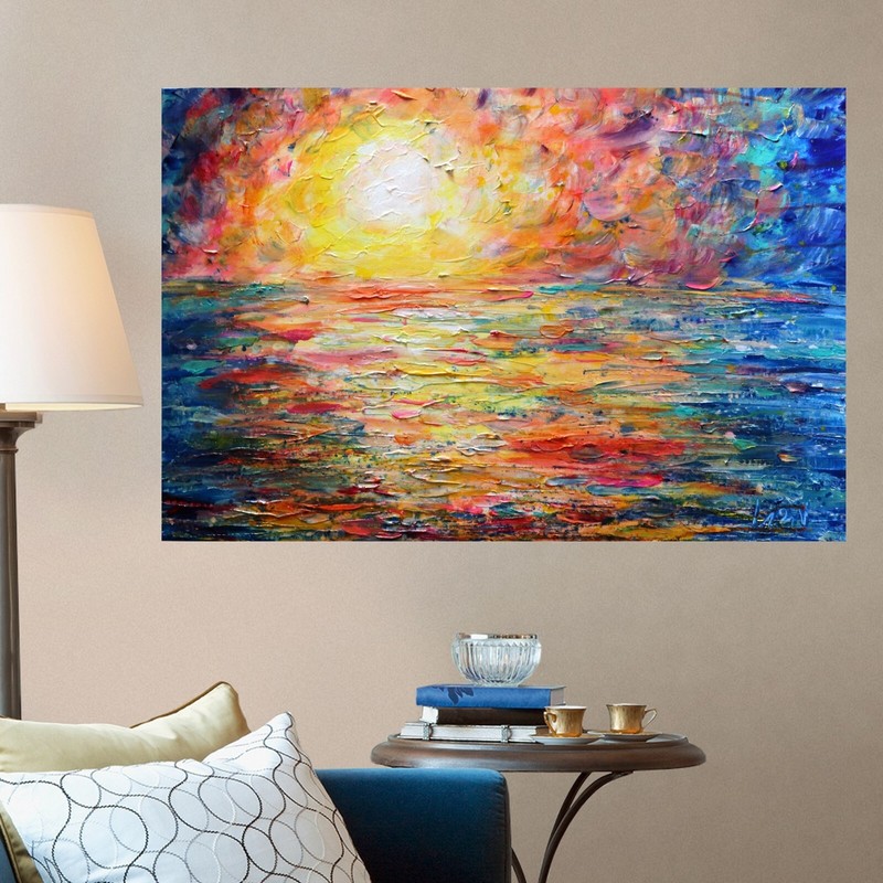 Original Ocean Sunset Painting 30×20 Colorful Lake Abstract Oil Wall Art