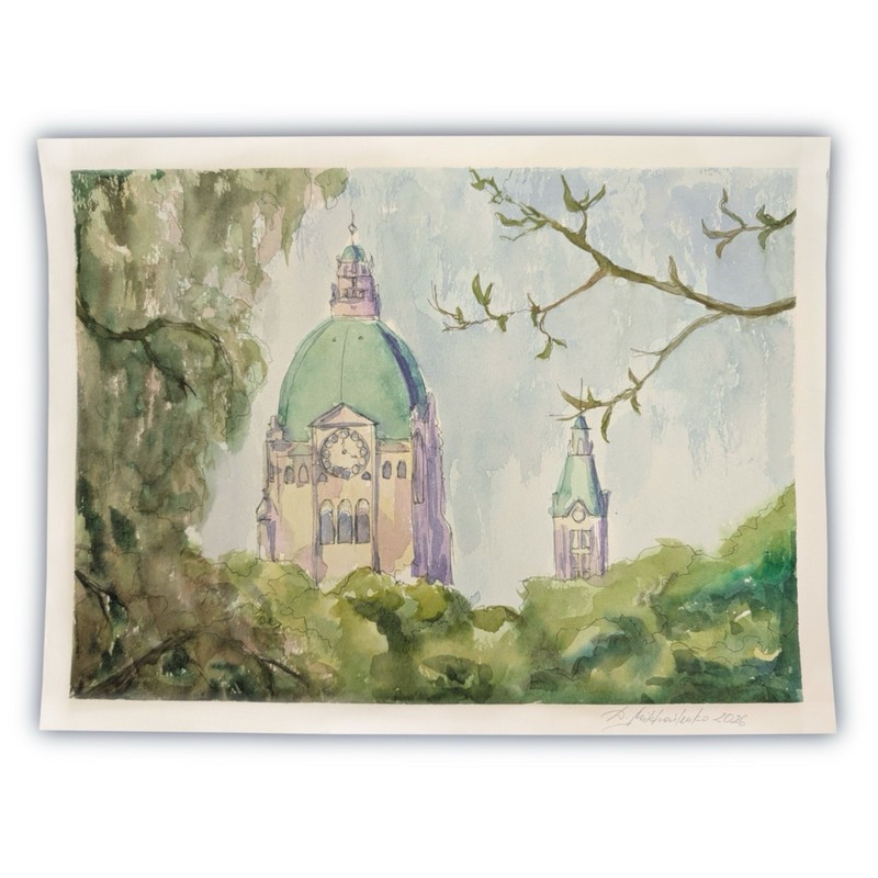 Architectural Town Hall Watercolour Painting Hand Painted “German Cityscape” 30x42cm