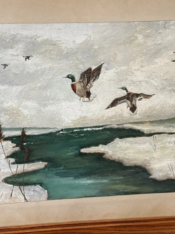 VTG Original Unsigned Mallard Duck Winter Marsh Watercolor/Oak Frame H19" W22" gallery