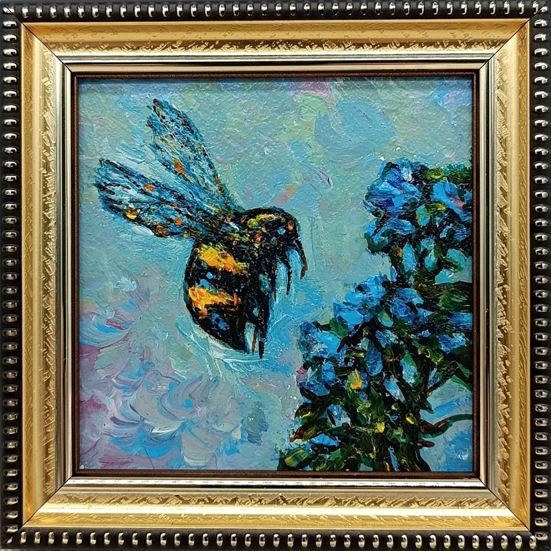 Bee Original Oil Painting 4×4 Framed Signed Bumblebee Floral Miniature Nature
