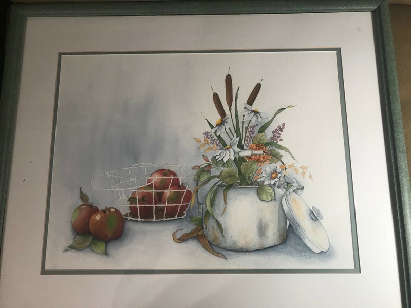 Large A Scott «Still Life With Flowers And Apples » Watercolor – Signed/Framed