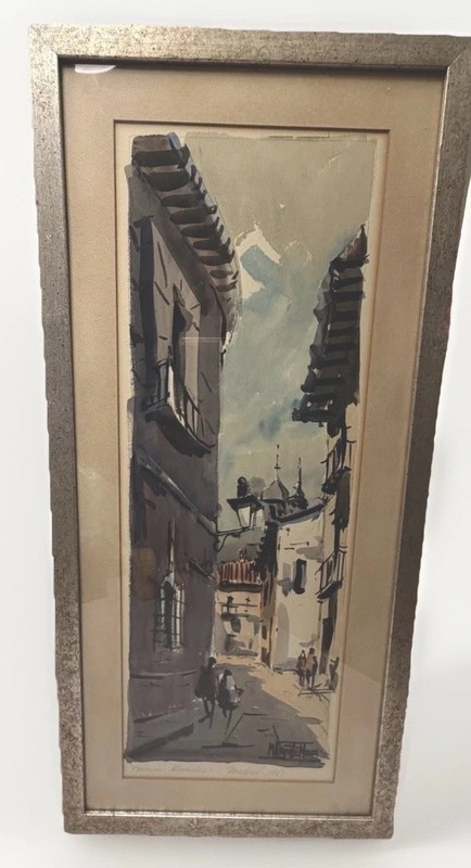 Manuel Vicente Mora Art OOAK Watercolor Walking Town MCM Moody VTG Framed 24" gallery