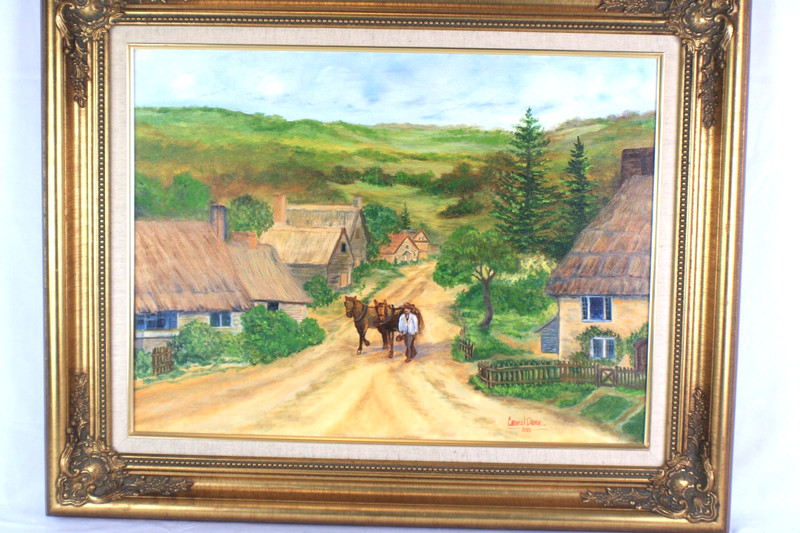 English Village Landscape Man Walking Horses Oil Painting Signed Carmel Dann gallery