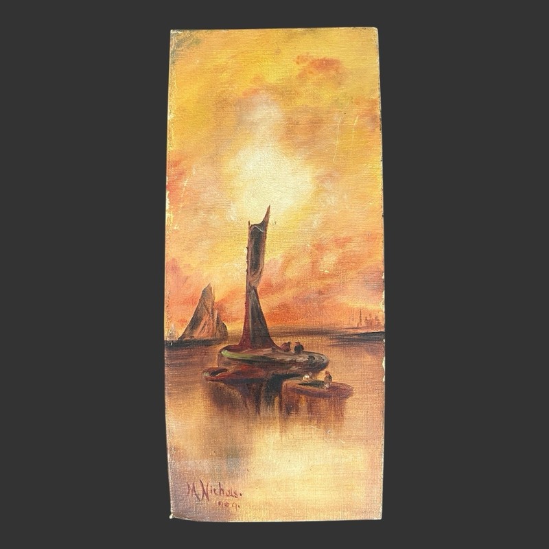 Vintage Seascape Oil Painting Sailing Boats at Sunset Signed by M. Nichols