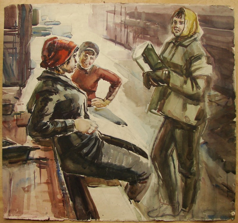 Ukrainian Soviet USSR watercolor Painting socrealism female portrait worker girl