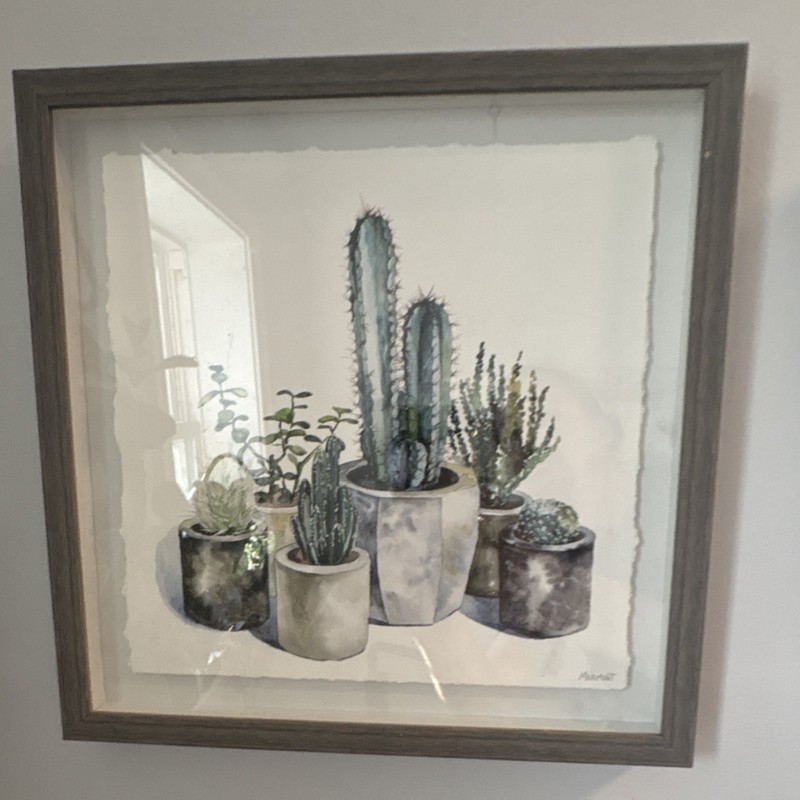 Framed Contemporary Watercolor Painting Potted Cacti Succulents Nature Art