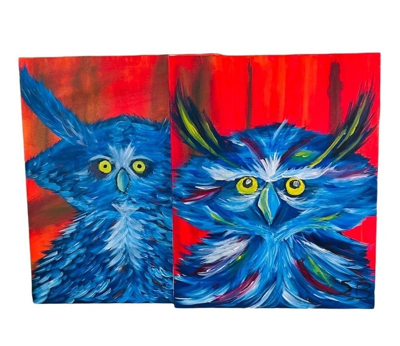 Blue Owl Paintings 2 Abstract Art Un-Framed Stretched Canvas 16″ x 20″ x .5″