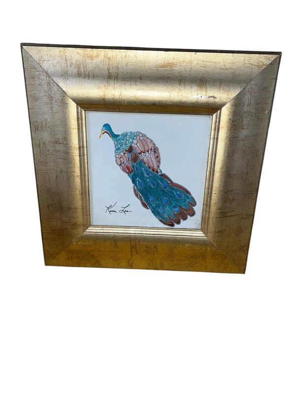 Stylized Peacock Watercolor by Karen Lee Framed 12.5′ x 12.5″