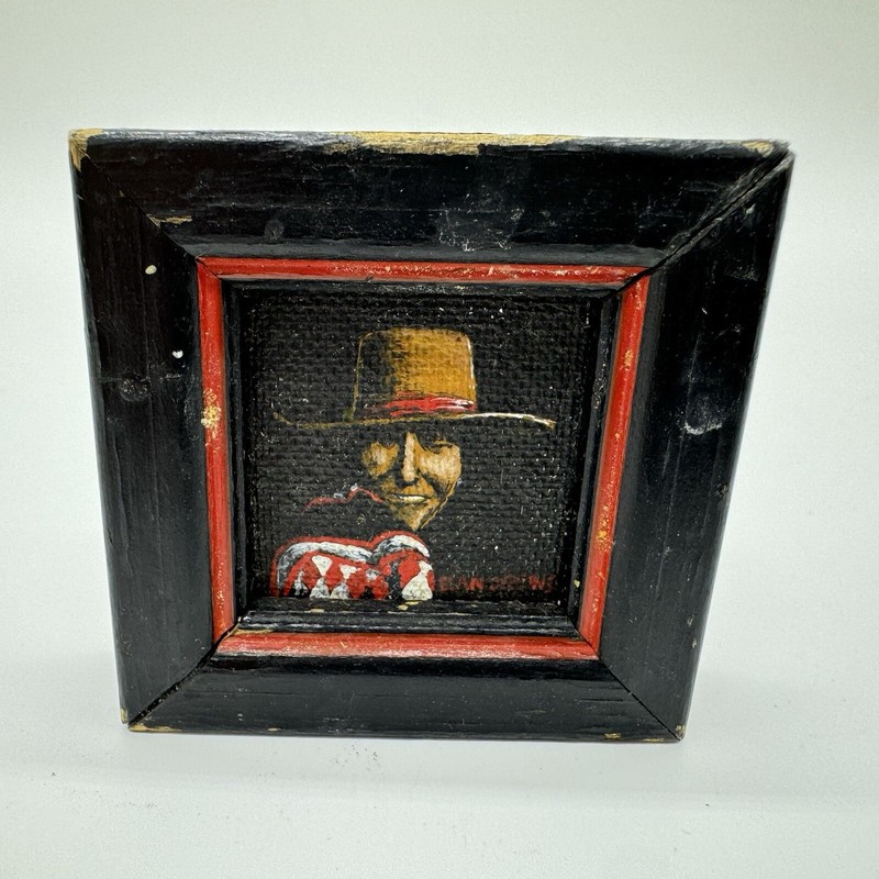 Mini Framed Painting Man In Hat W/ Guitar 1973 Signed Scottsdale Arizona 2 1/8” gallery