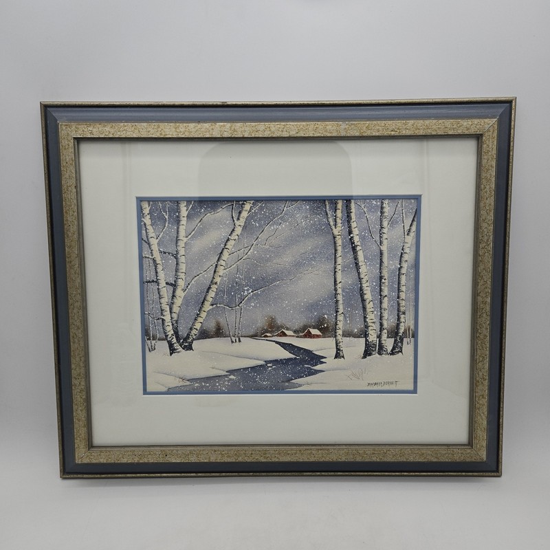 BARBARA BURNETT Original Painting of Cabins in Snowy Birch Field Framed & Signed