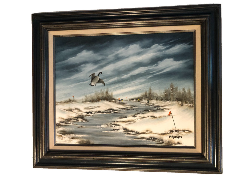 Vintage oil on canvas winter river scene Canadian goose signed P Reckers framed gallery