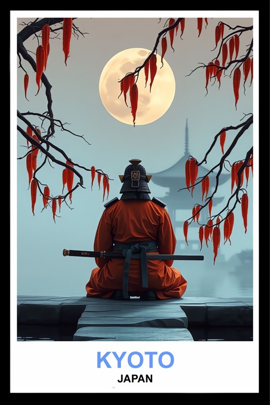 Samurai Warrior Kyoto Japan Travel Poster or Gallery Canvas Wrap Wall Art Home
