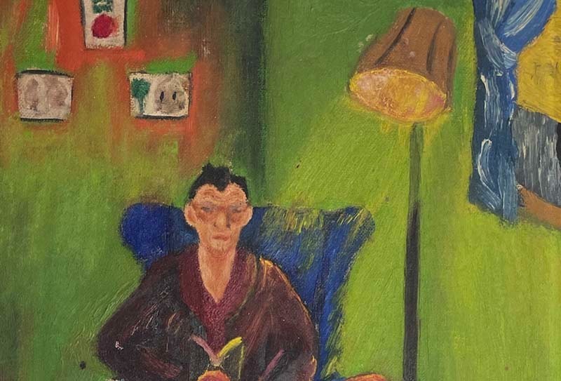 Vintage OOB Oil on Board,Man Reading,Outsider Art gallery