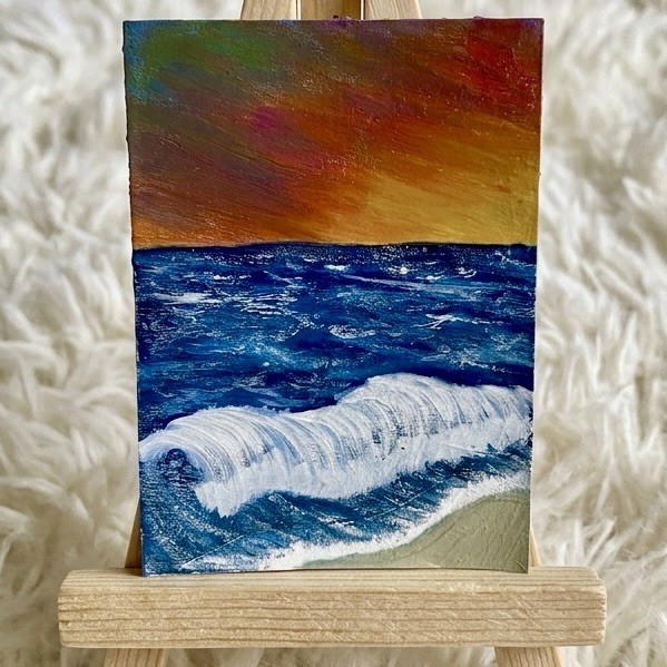 ACEO Original Textured Ocean Sunset Wave Acrylic Seascape Painting – Art Card
