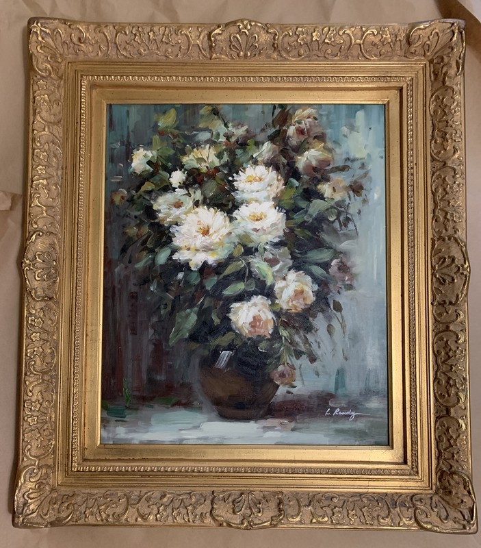 Potted Flowers Painting By L. Randy, In Gold Open Frame – 34 X 30