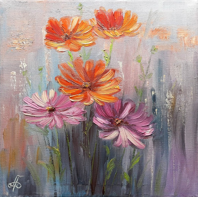 Pastel Cosmos Flowers Oil Painting Original Floral Art Canvas Wall Decor 10×10