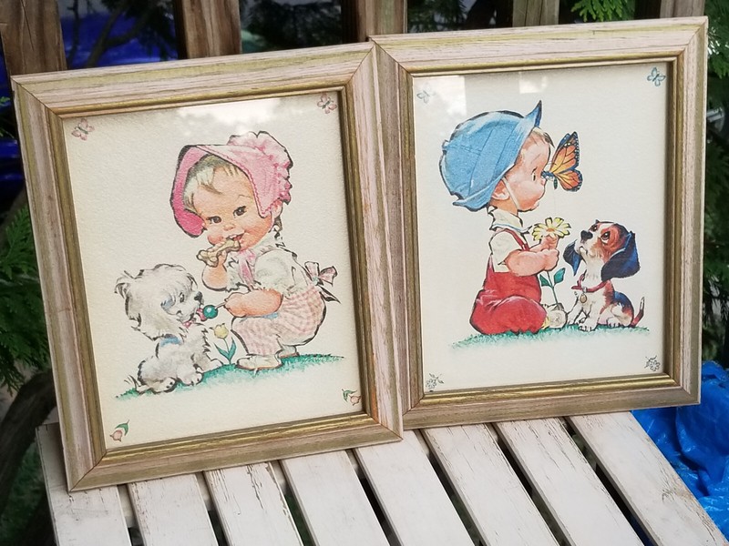VINTAGE FRAMED LAMBERT KIDS PRINTS WHIMSICAL FUN BOY & GIRL 9 7/8″ X 11 7/8″