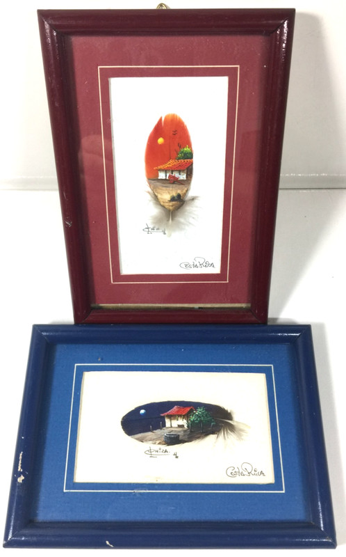 Pair Of Feather Art Costa Rica Hand Painted Signed Matted Framed Beach Homes