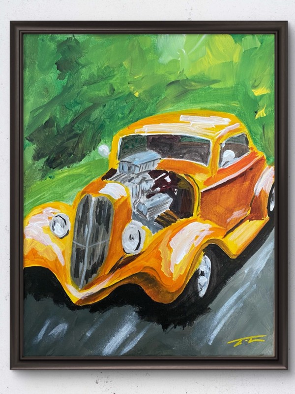 Orange Hot Rod Racing Original Art 14×11 Canvas