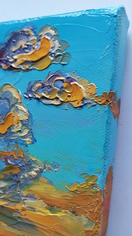 Small Canvas Seascape Golden Sunset Clouds Over Sea 4x6" Original Oil Painting gallery