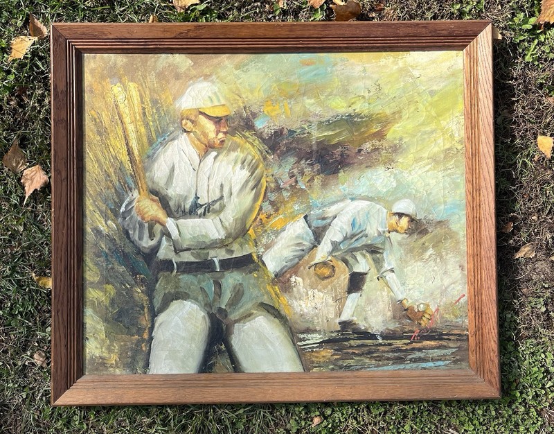 Signed Vintage 1920s Baseball Players Oil On Canvas Painting