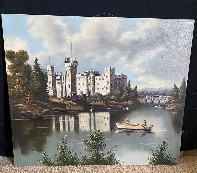 Vintage J. Perrine Signed Painting Windsor Castle River Thames