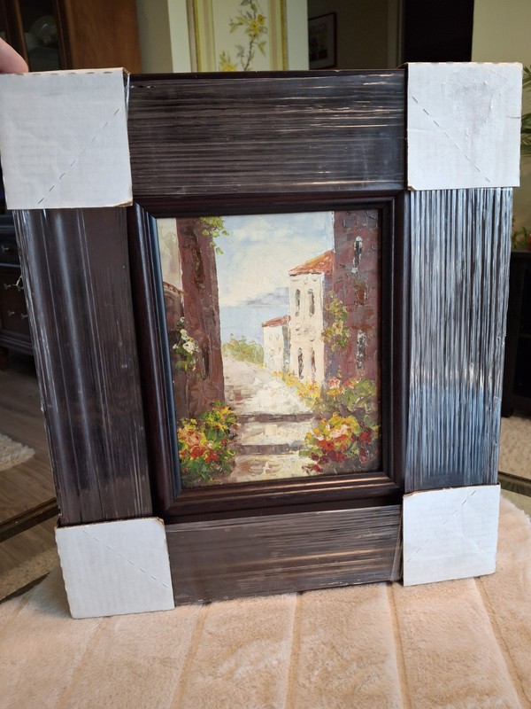 Seaside Village Landscape Oil On Canvas Framed Dark Wood Frame New