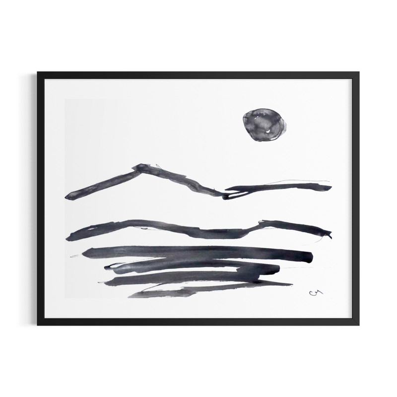 Original Minimalist 9×12 Mountain Landscape Signed Black White Art Paper Decor