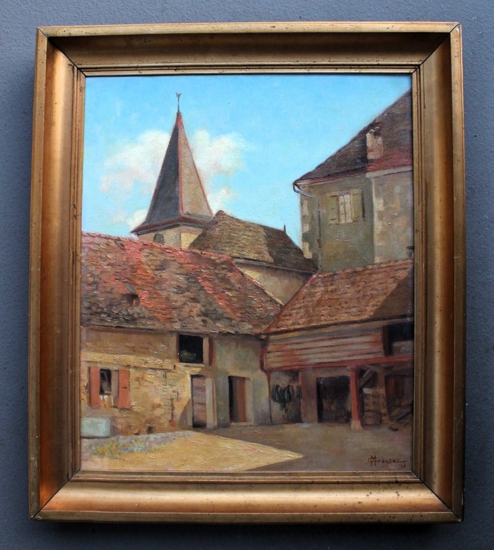 18″ x 22″ Swiss Impressionist Oil Painting of Village by Max Crausaz Dated 1938