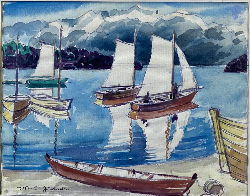 William C. Grauer (Ohio 1896-1985) Sailboats in Mountain Lake, Signed Watercolor