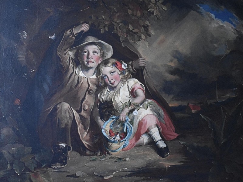 CHILDREN SHELTERING FROM STORM ANTIQUE OIL PAINTING Att THOMAS PELHAM HALL c1860 gallery