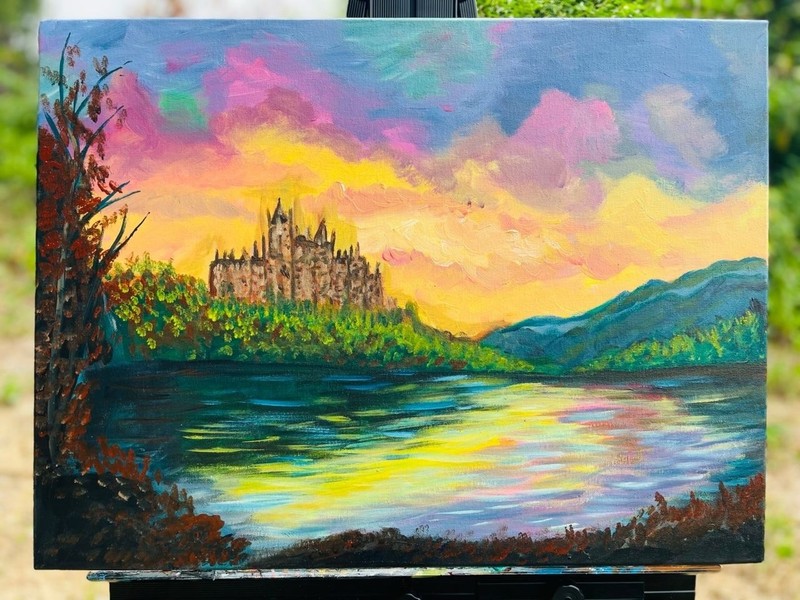 Sunset Castle — A Golden Moment of Tranquility. Acrylic painting.