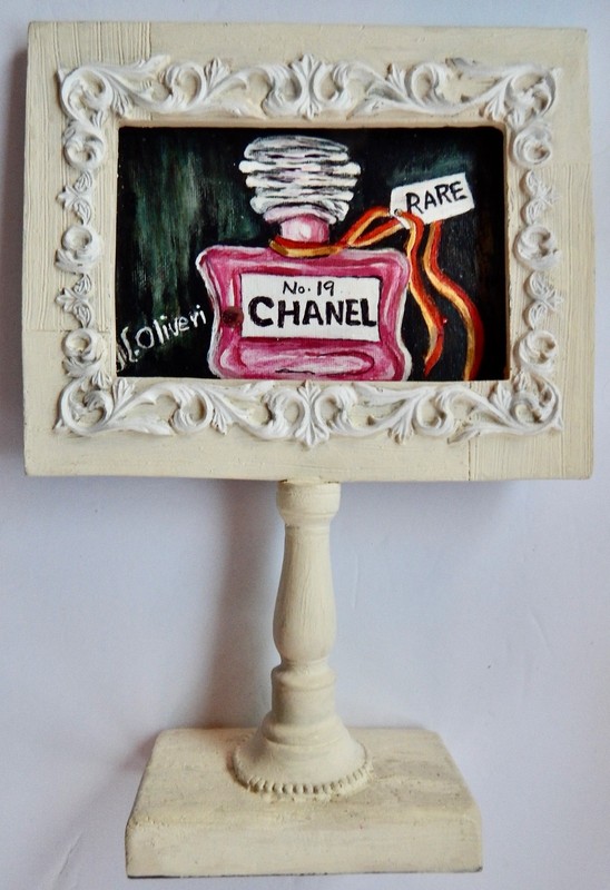 Acrylic Painting on 4″x6″ Canvas Panel CHANEL NO. 19 Perfume, on Wood Stand
