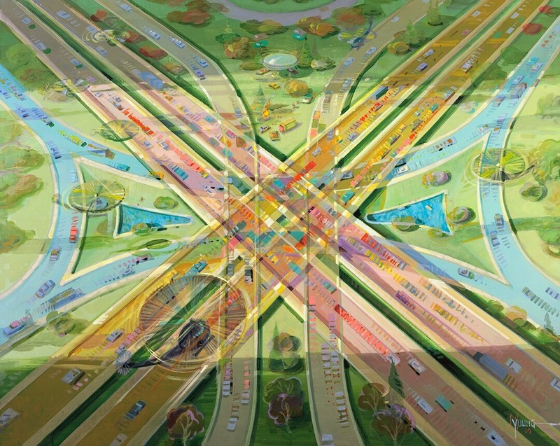 Original Painting Michael Young Art Clover Leaf Helicopter Car Truck Van Street