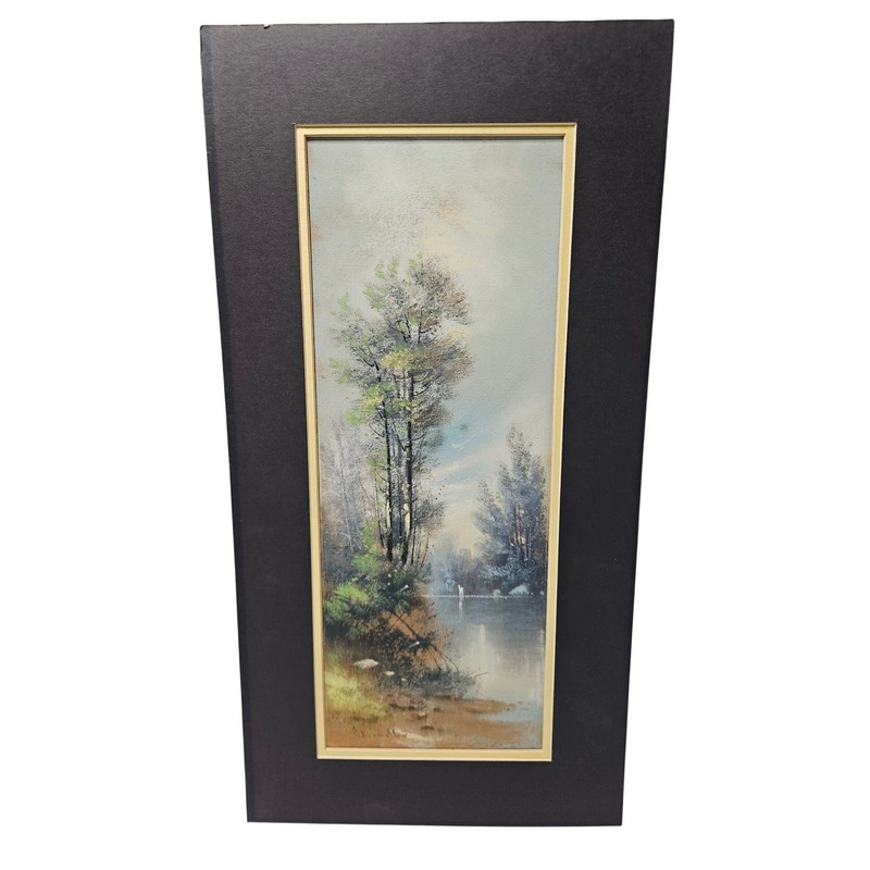 Vtg Original Landscape Hand Painted On Board Lake Forest Nature Wall Art Signed