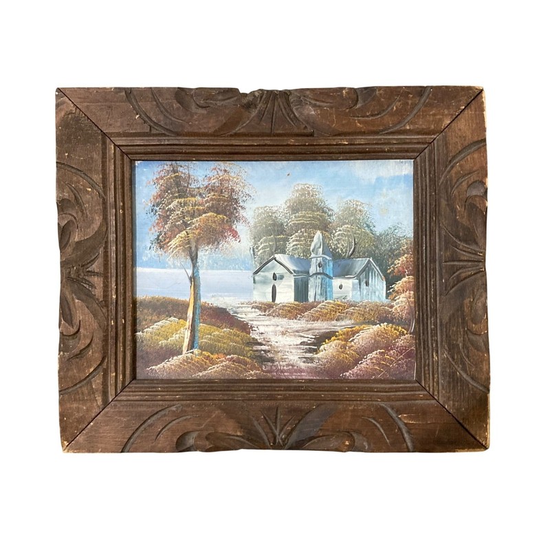 Vintage Framed Landscape Oil Painting With Wooden Carved Frame 14.5″ X 12.5″
