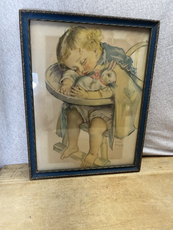 Signed Watercolor Pic Bunny W/ Baby Vintage