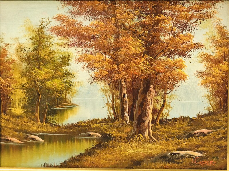 Vintage Oil Painting Fall Landscape Stream Lake Irene Cafieri 12×16 w/ Frame