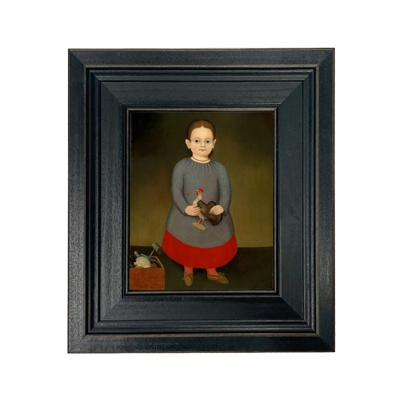 Primitive Child with Toy Rooster Framed Oil Painting Print on Canvas, Small