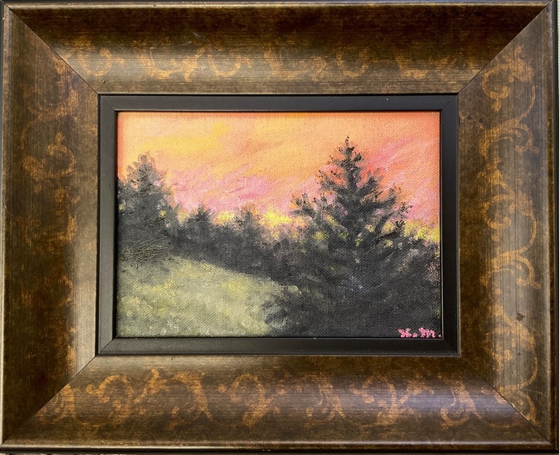 TWILIGHT PINES # 1 – original 5X7 inch framed oil painting by K. McDermott