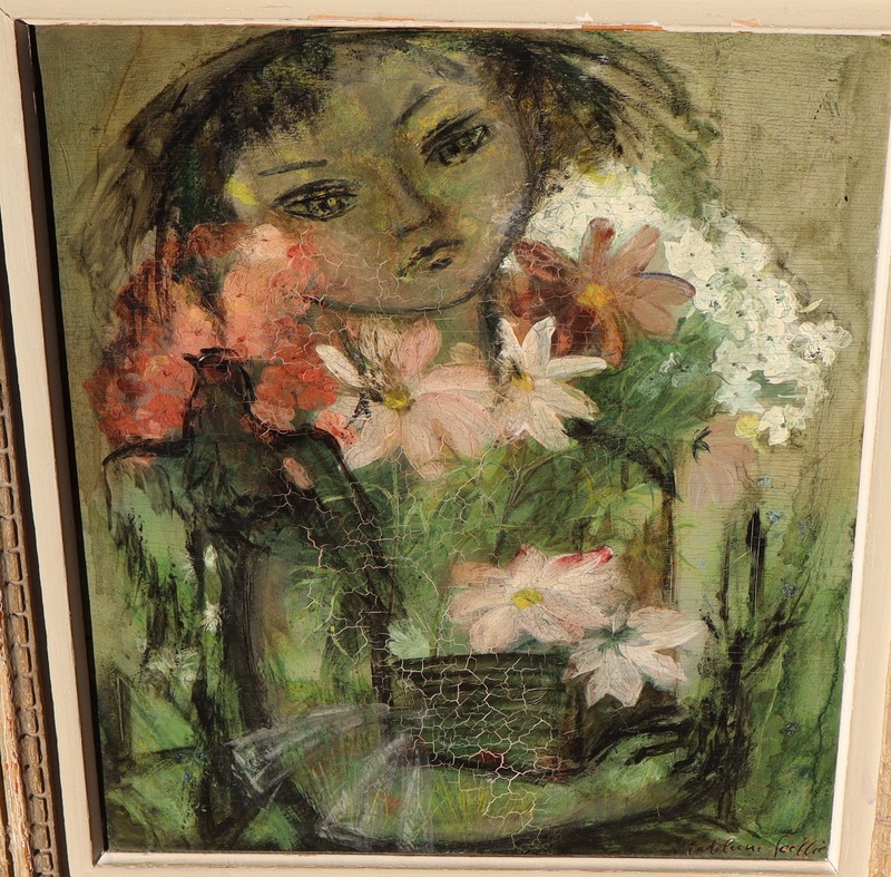 Madeleine Scellier French ORIGINAL MCM oil painting Girl with Flowers gallery