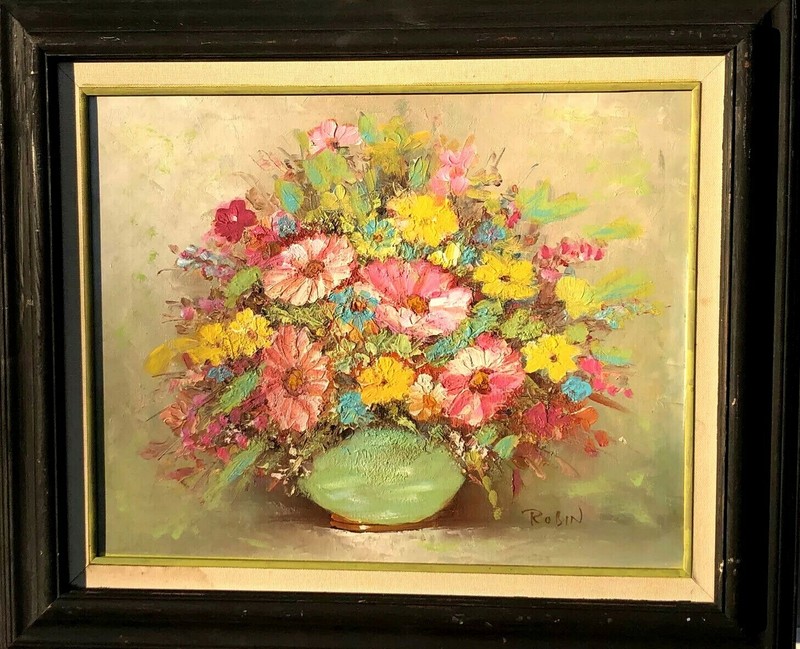 Floral Still Life Brightly Colored Heavy Impasto Mid Century Mod Color Palette