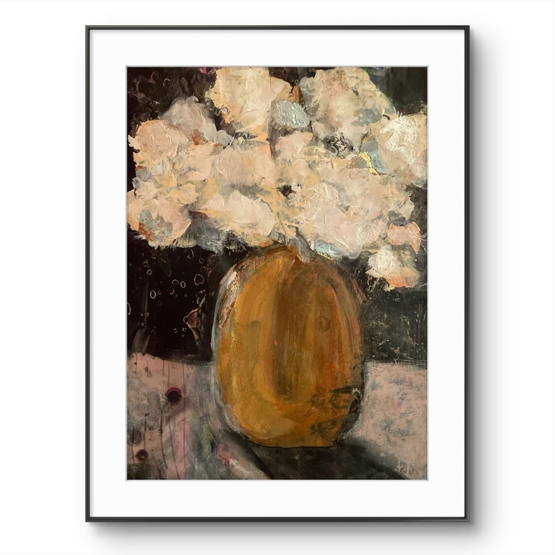 Mary Myers Original Abstract Expressionism 9×12 Golden Vase Flowers Signed Fine