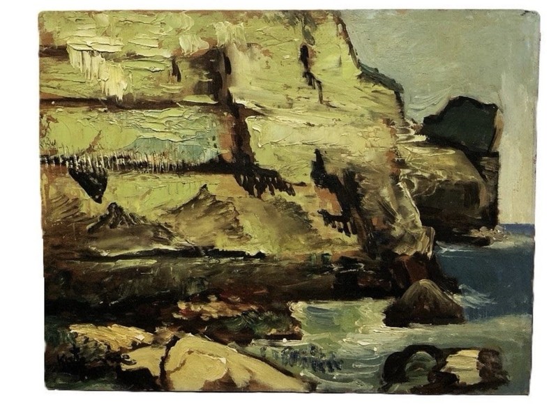Vintage Japanese Oil Painting Rocky Coast Seascape Impasto Board